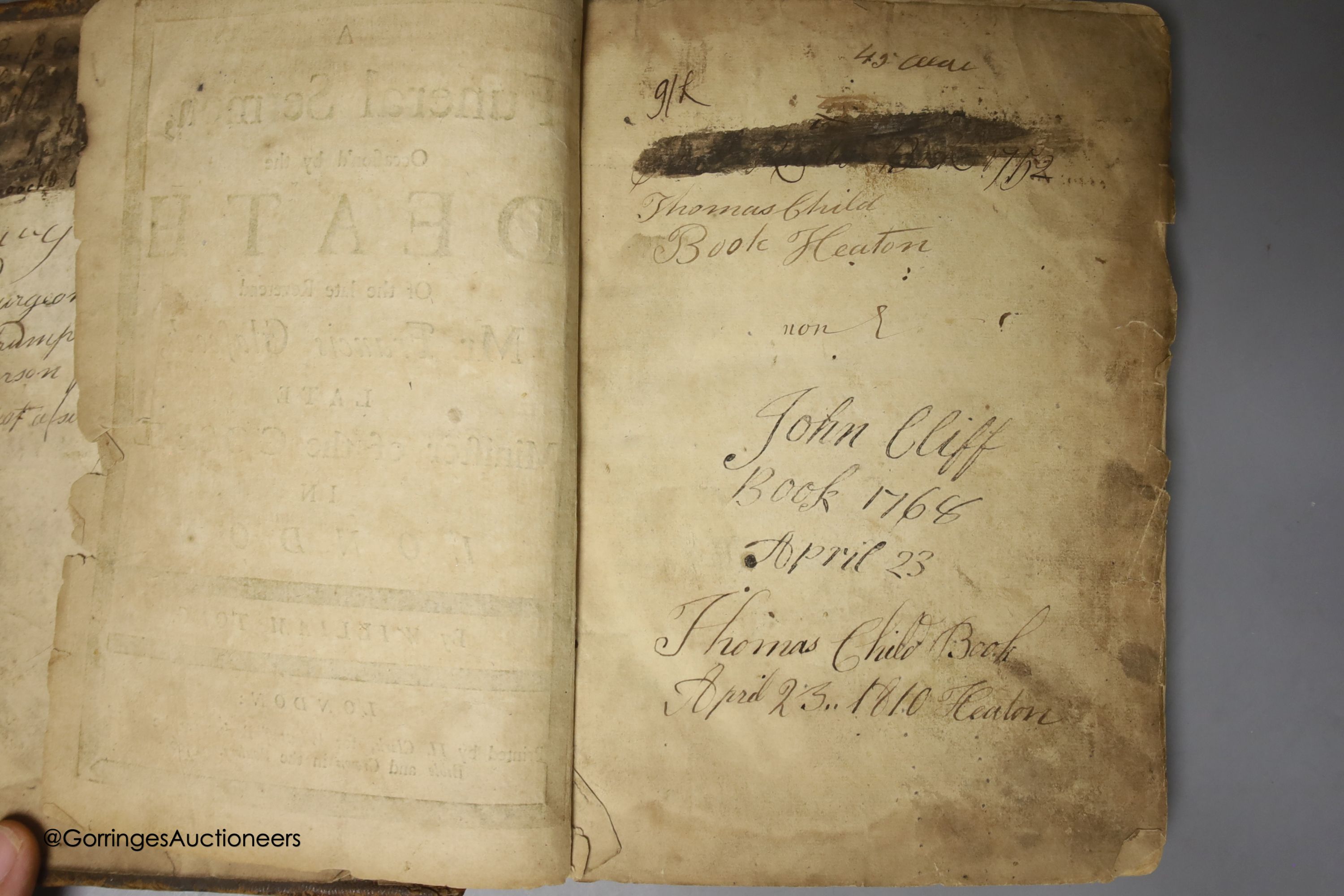 A leather bound volume of 17th / 18th century pamphlets, including a 1706 book on The Funeral Sermon of the late Mr Francis G......